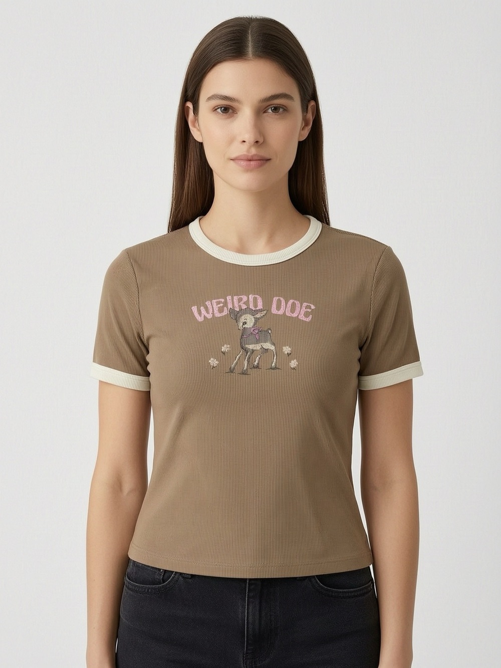 Ardene Brown Short Sleeve 'Weird Doe' Graphic Tee with Cream Trim